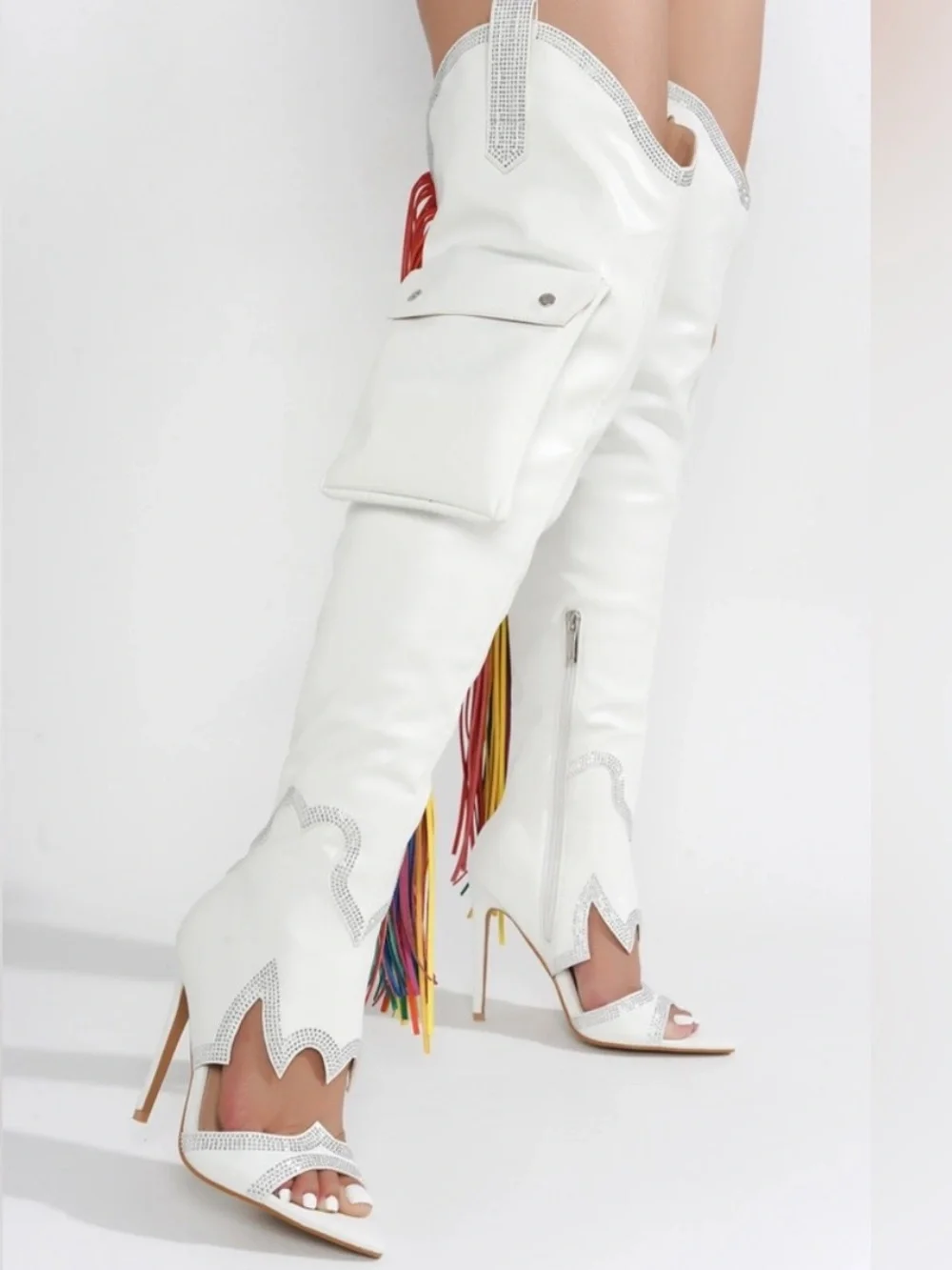 Cape Robbin Lise White Rainbow Fringe Cargo Western Thigh High Boots NWOT 8.5